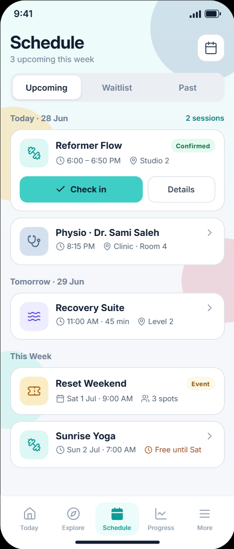 Livwell branded mobile schedule screen